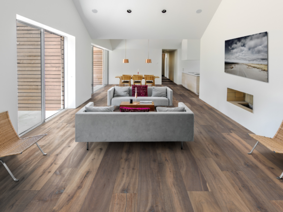 Parquet lames larges dans un salon moderne, cosy et lumineux