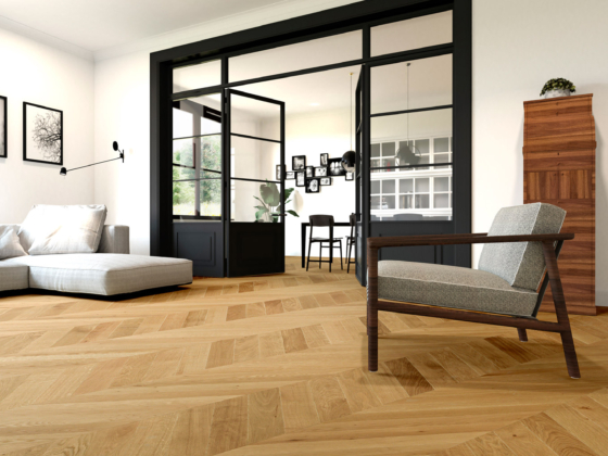 Parquet design Cabanni Degas Rustic Light Aged Chevron dans un salon épuré - Décobois