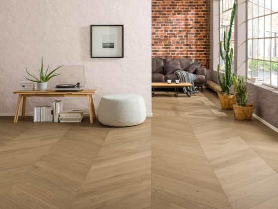 Parquet design Cabanni Mineral Rustic Light Chevron dans un salon au style nordique - Décobois